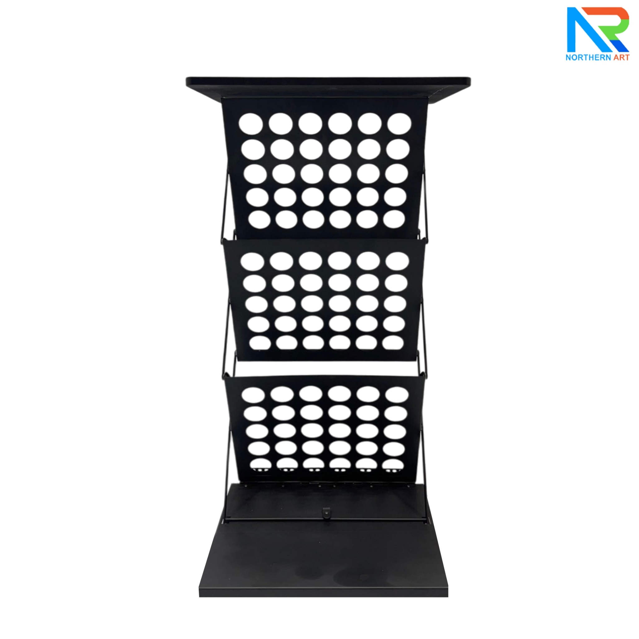 ชั้นวางโบรชัวร์เหล็กพร้อมTOPไม้สีดำ พับเก็บได้ ช่องใส่โบชัวร์ ขนาด A3 มี 3 ช่อง