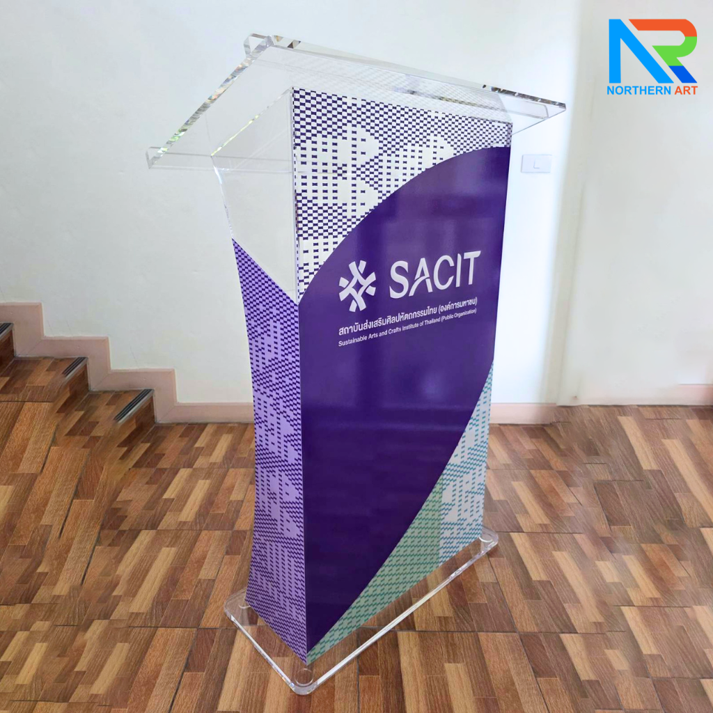 โพเดียม อะคริลิคใส AC-10 ขนาด(W)90 x (L)50 x (H)125 cm. TOP เอียงพร้อมกันตก วัสดุอะคริลิคใส หนา 15-20 มม.