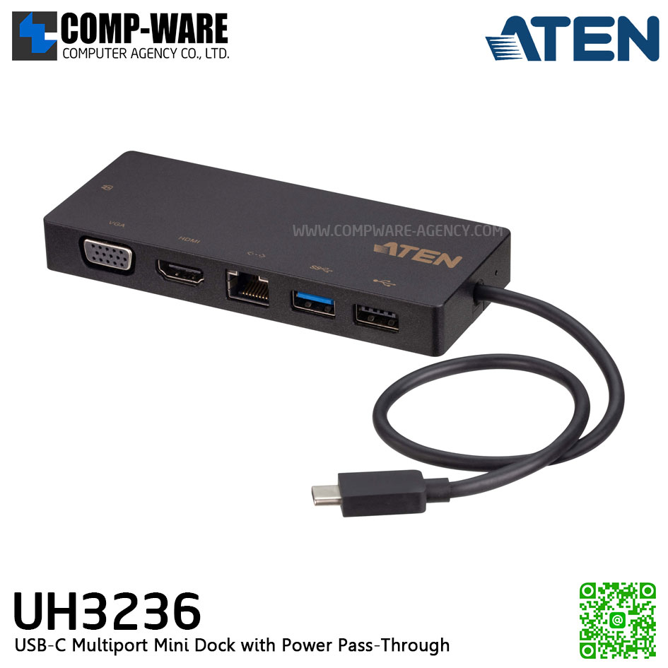 ATEN USB-C MULTIPORT MINI DOCK WITH POWER PASS-THROUGH สีดำ รุ่น UH3236