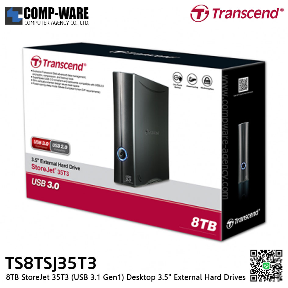 Transcend 8TB StoreJet 35T3 (USB 3.1 Gen1) Desktop 3.5" External Hard Drives - TS8TSJ35T3