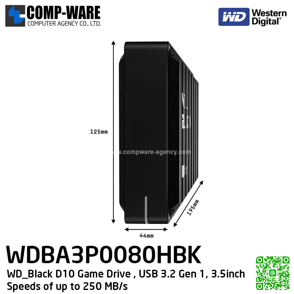 WD Black D10 Game Drive , 8TB, USB 3.2 Gen 1, 3.5inch , Speeds of up to 250 MB/s ( WDBA3P0080HBK-SESN ) รับประกัน 3 ปี