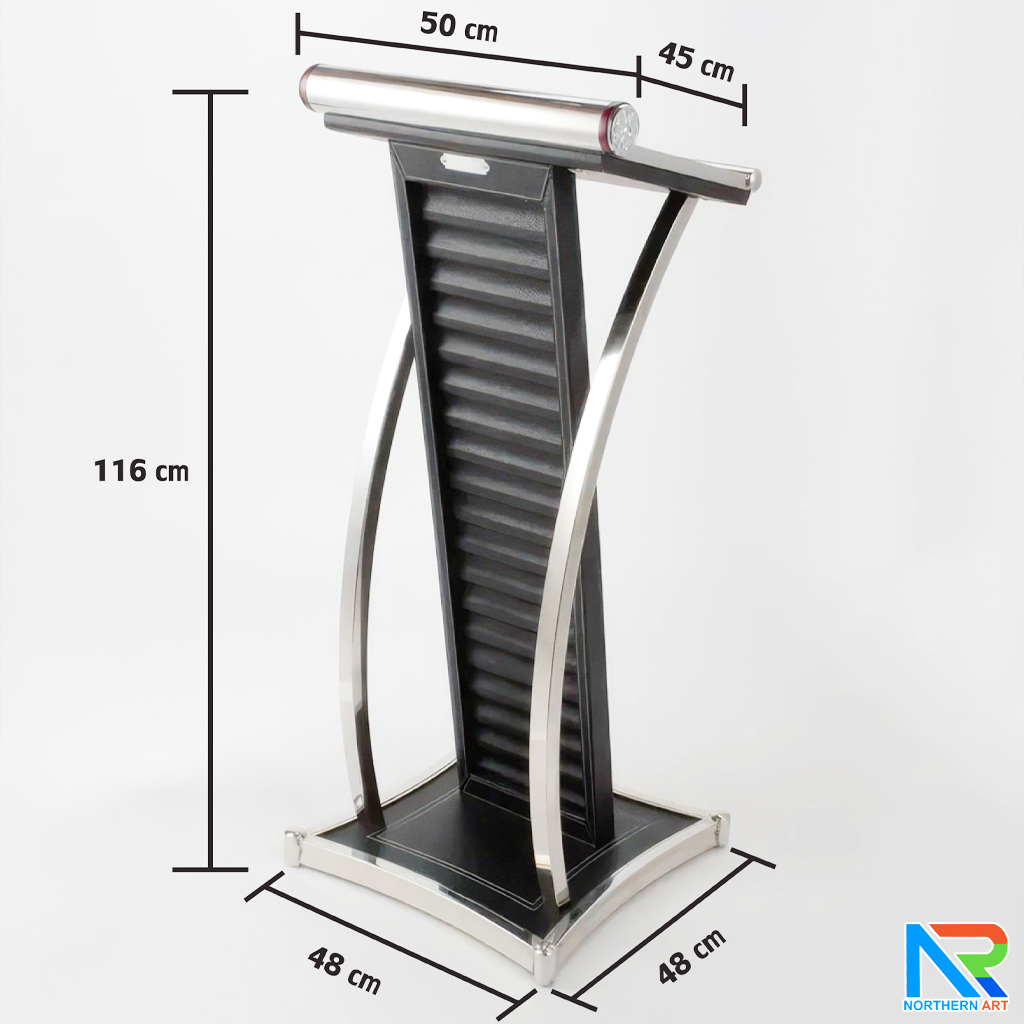 PODIUM โพเดียมไม้ MDF หุ้มหนังสีดำ ตกแต่งโค้งสแตนเลส ด้านข้าง Top และฐานหุ้มสแตนเลส