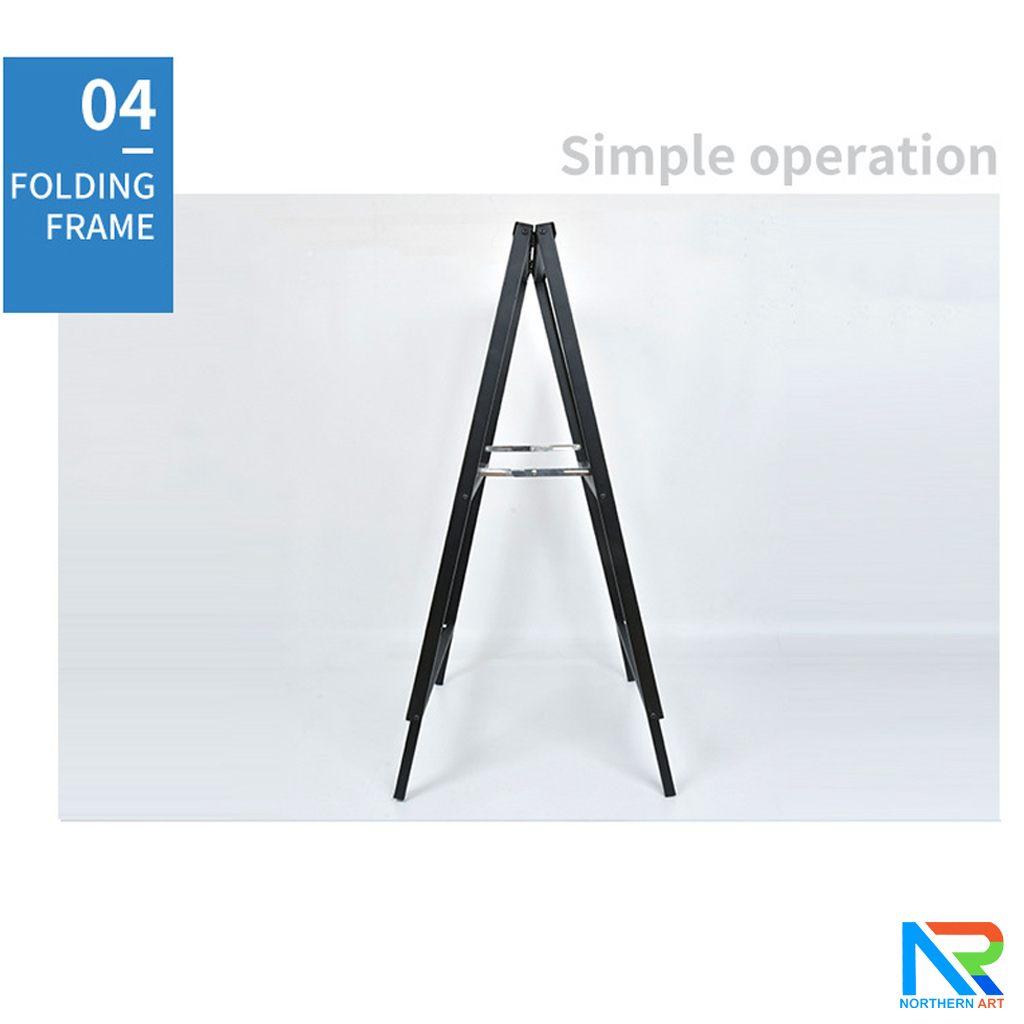 ป้ายตั้งพื้นเหล็ก สีดำ มีด้ามจับ ขนาด 60x90 cm. โชว์งานพิมพ์ 2 ด้าน พับเก็บได้ เคลื่อนย้ายสะดวก