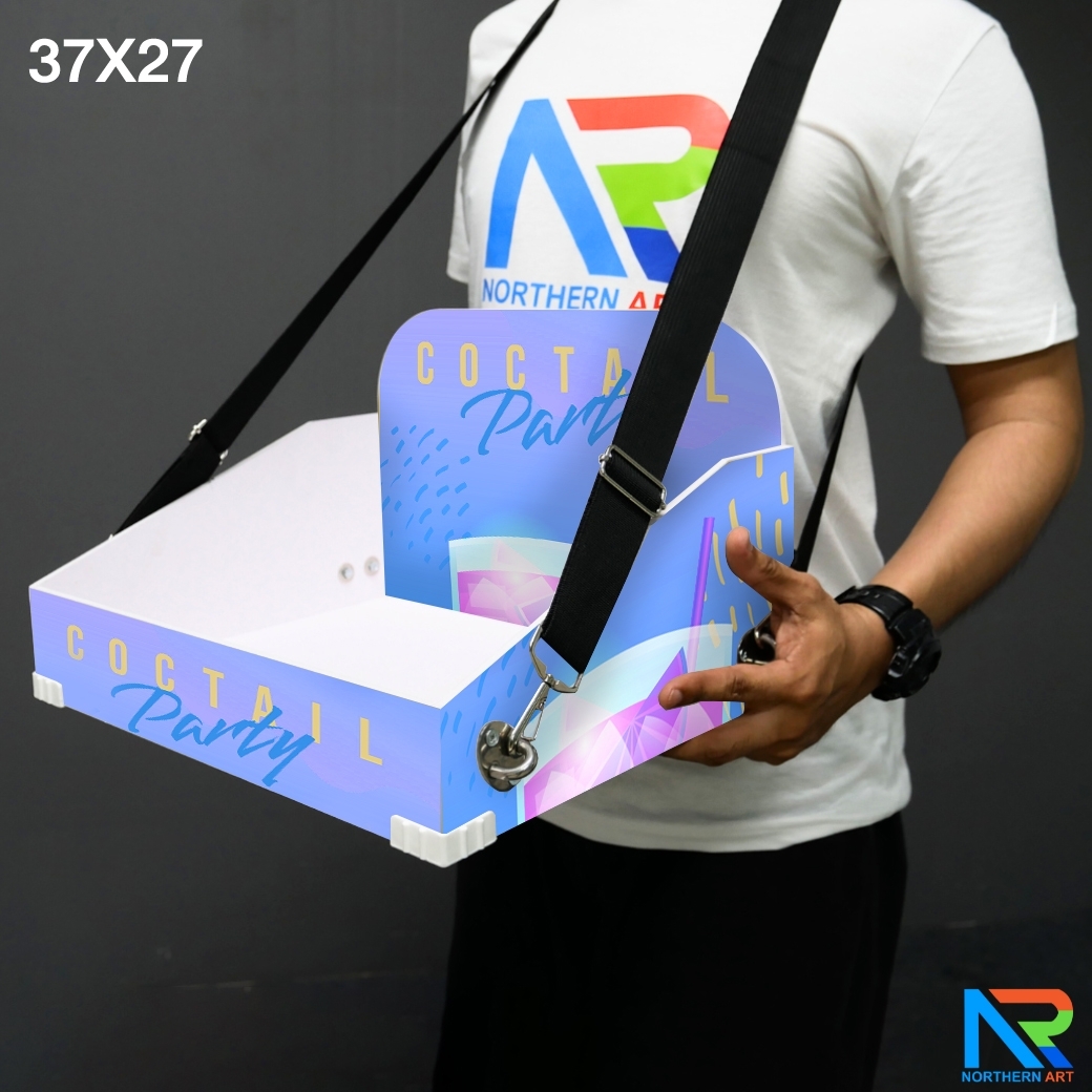 SAMPLING MOBILE TRAY ถาดแจกเคลื่อนที่ ขนาด (W)37 x (D)27 x (H)23 cm. วัสดุพลาสวูดหนา 3 มม. พร้อมสายคล้องคอ