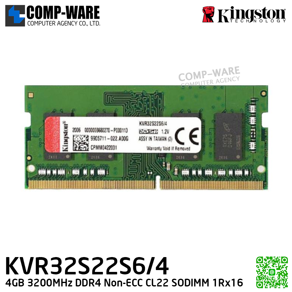 Kingston KVR32S22S6/4 4GB 3200MHz DDR4 Non-ECC CL22 SODIMM 1Rx16 - Lifetime Warranty - Memory Module - RAM
