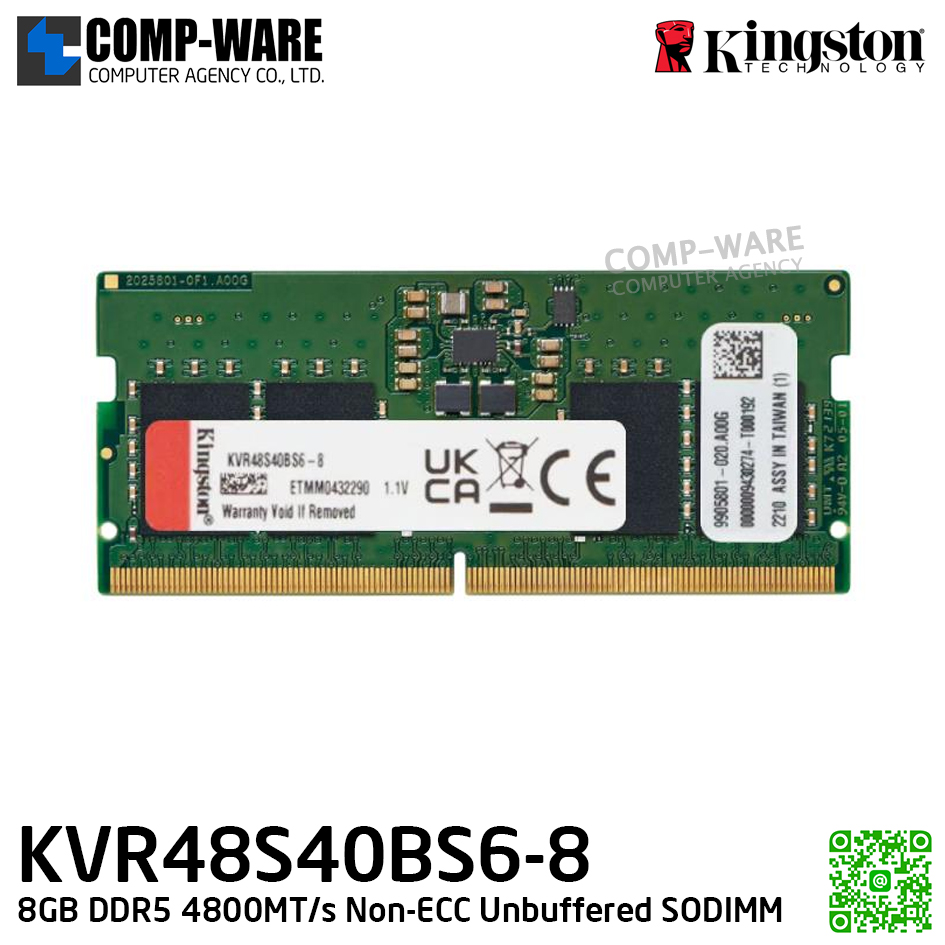 Kingston KVR48S40BS6-8 8GB DDR5 4800MT/s Non-ECC Unbuffered SODIMM - Lifetime Warranty - Memory Module - RAM