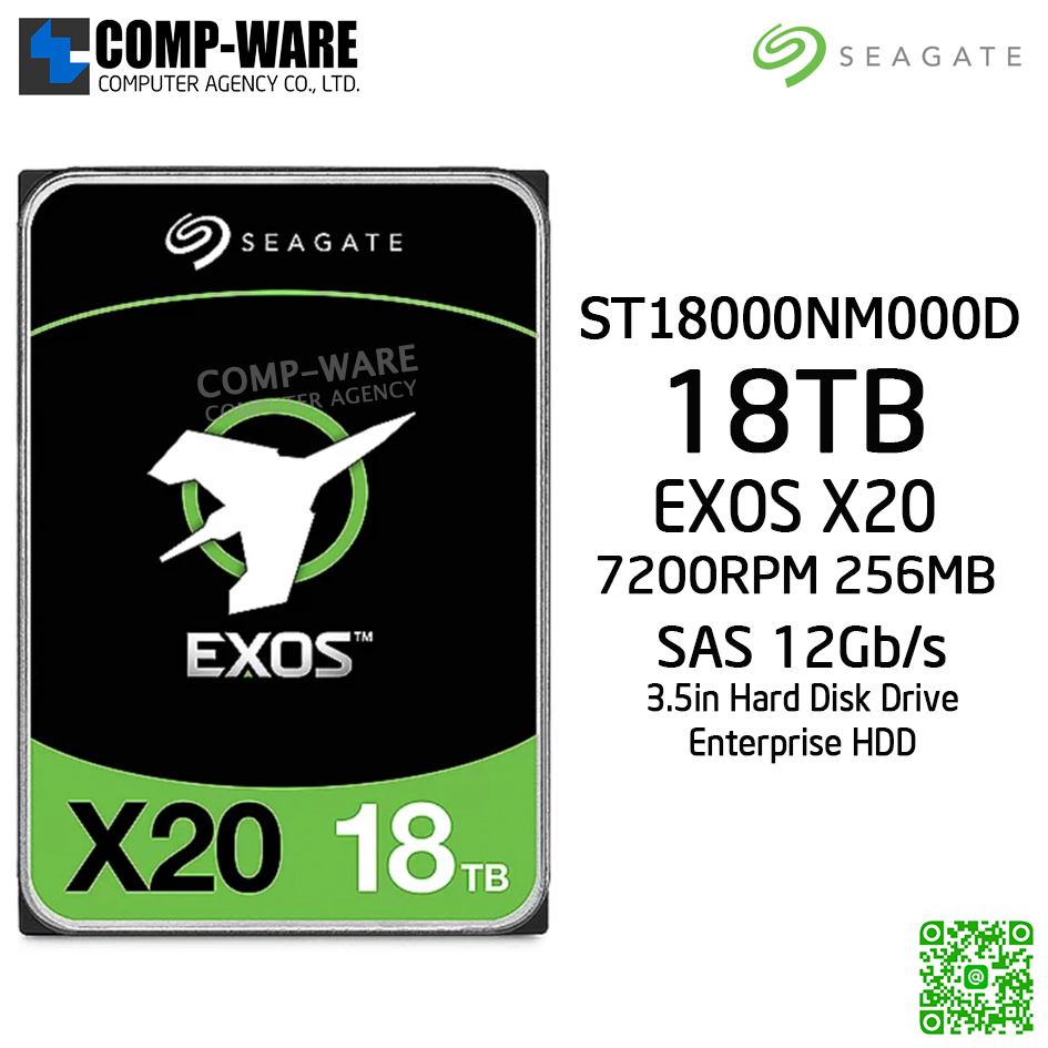 Seagate Exos X20 18TB 7200RPM 256MB SAS 12Gb/s 512E/4KN 3.5-Inch Enterprise Class Internal Drive ST18000NM000D - 5Y Warranty ** กรณีสินค้าหมด สั่งซื้อใหม่ขั้นต่ำ 20 ลูกขึ้นไป **