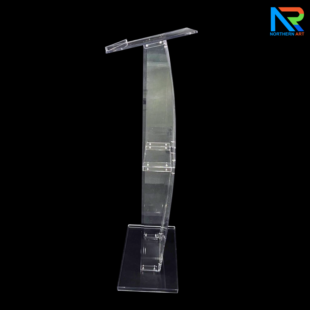 โพเดียม อะคริลิคใส ขนาด(W)68 x (L)34 x (H)123 cm. TOP เอียงพร้อมกันตก วัสดุอะคริลิคใส หนา 8 มม.