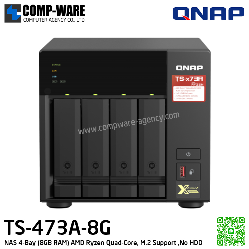 QNAP NAS (4-Bay) TS-473A (8GB RAM up to 64GB) AMD Ryzen V1500B Quad-Core, M.2 Dual-Slot Support ,No HDD / TS-473A-8G / 3Y Warranty