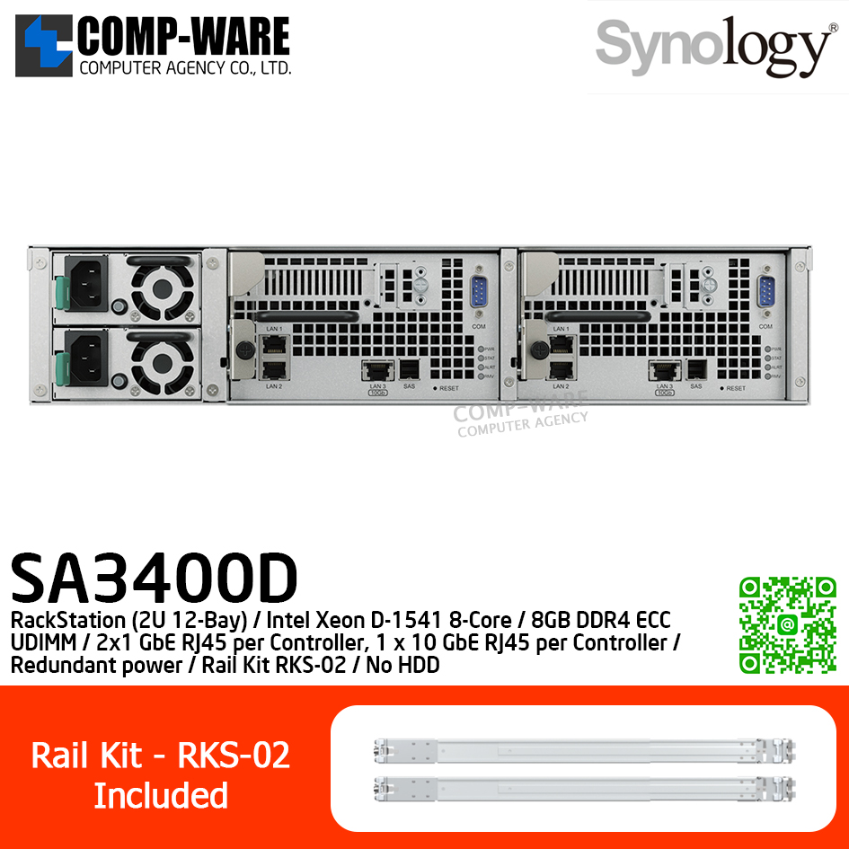 Synology RackStation (2U 12-Bay) SA3400D / Intel Xeon D-1541 8-Core / 8GB DDR4 ECC UDIMM / 2x1 GbE RJ45 per Controller, 1 x 10 GbE RJ45 per Controller / Redundant power / Rail Kit RKS-02 / No HDD / 5Y Warranty