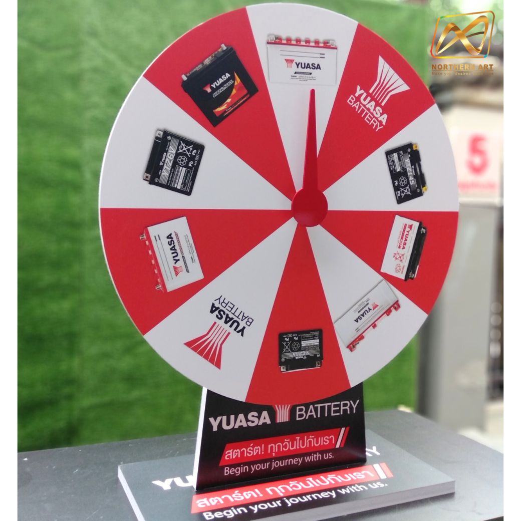 เกมส์วงล้อตั้งโต๊ะ ขนาดวงล้อ 50 ซม. สูง 61.5 ซม. วัสดุพลาสวูดสีขาว หนา 8-15 มม. ถอดประกอบได้