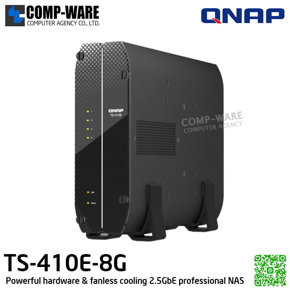 QNAP (Tower 4-Bay 2.5in) TS-410E-8G / Intel Celeron J6412 / 8GB on board / 4 x 2.5-inch SATA 6Gb/s / 2 x 2.5GbE / 1 x HDMI 1.4b / Adapter Power / 3Y Warranty / No HDD