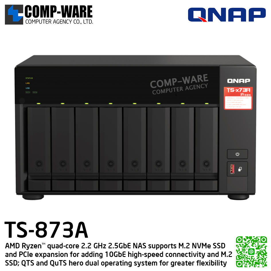 QNAP (Tower 8-Bay) TS-873A-8G / AMD Ryzen V1500B (4C/8T) / 8GB DDR4 / 8x 2.5"/3.5" SATA 6Gbps, 2x M.2 2280 NVMe PCIe Gen3 x1 / 2 x 2.5GbE / 250W Single PSU / 3Y Warranty / No HDD