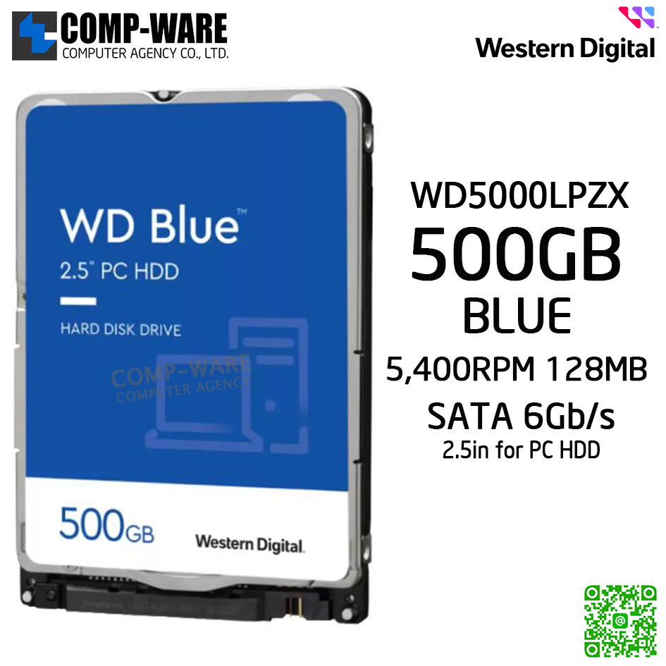 WD Blue 2.5in 500GB Notebook Laptop Hard Drive SATA 6Gb/s 5400RPM 128MB Cache (7MM) - WD5000LPZX - PC Mobile Hard Drive - 3Y Warranty