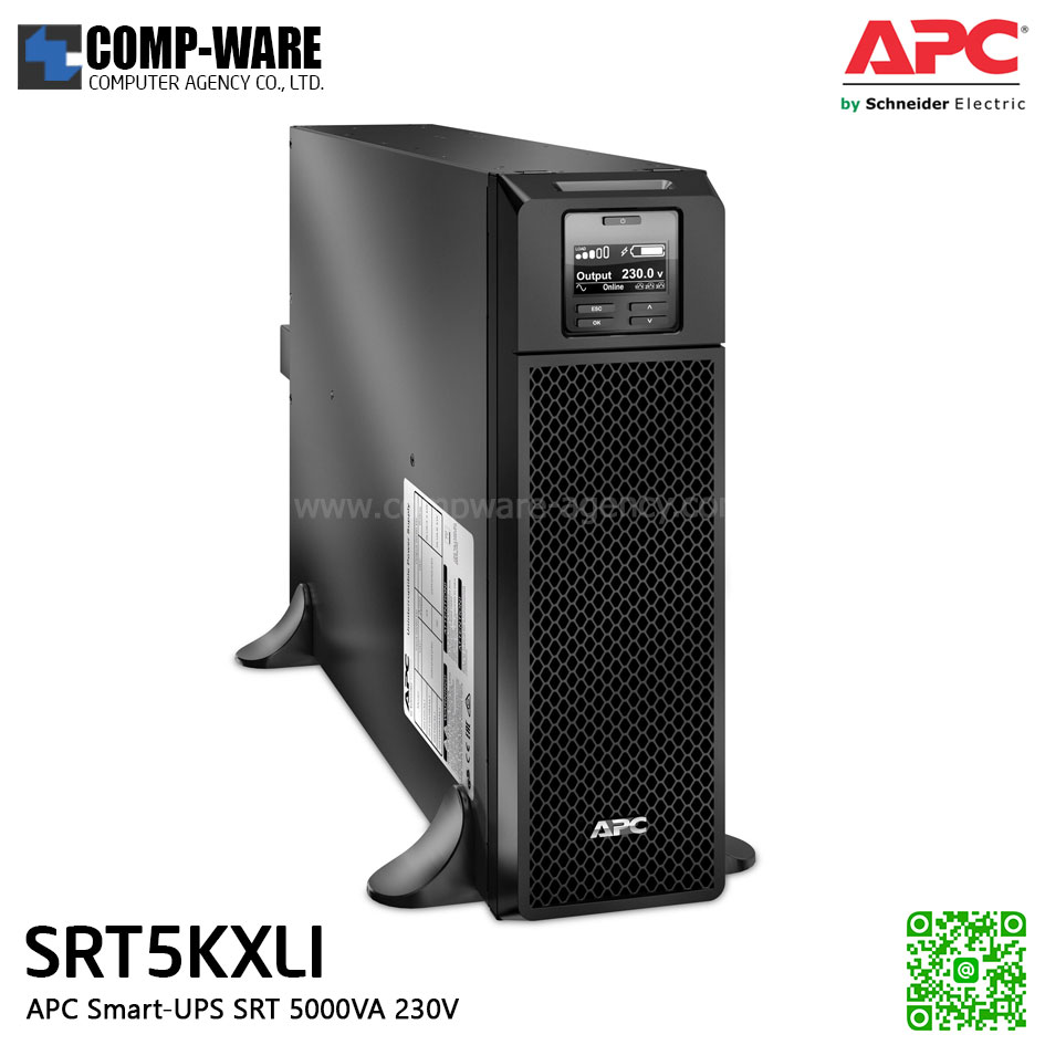 APC SRT Series Smart-UPS On-Line SRT 5000VA Tower model , 230V , มีหน้าจอ LCD, รองรับการเชื่อมต่อ battery pack สูงสุด 10 pack APC-SRT5KXLI