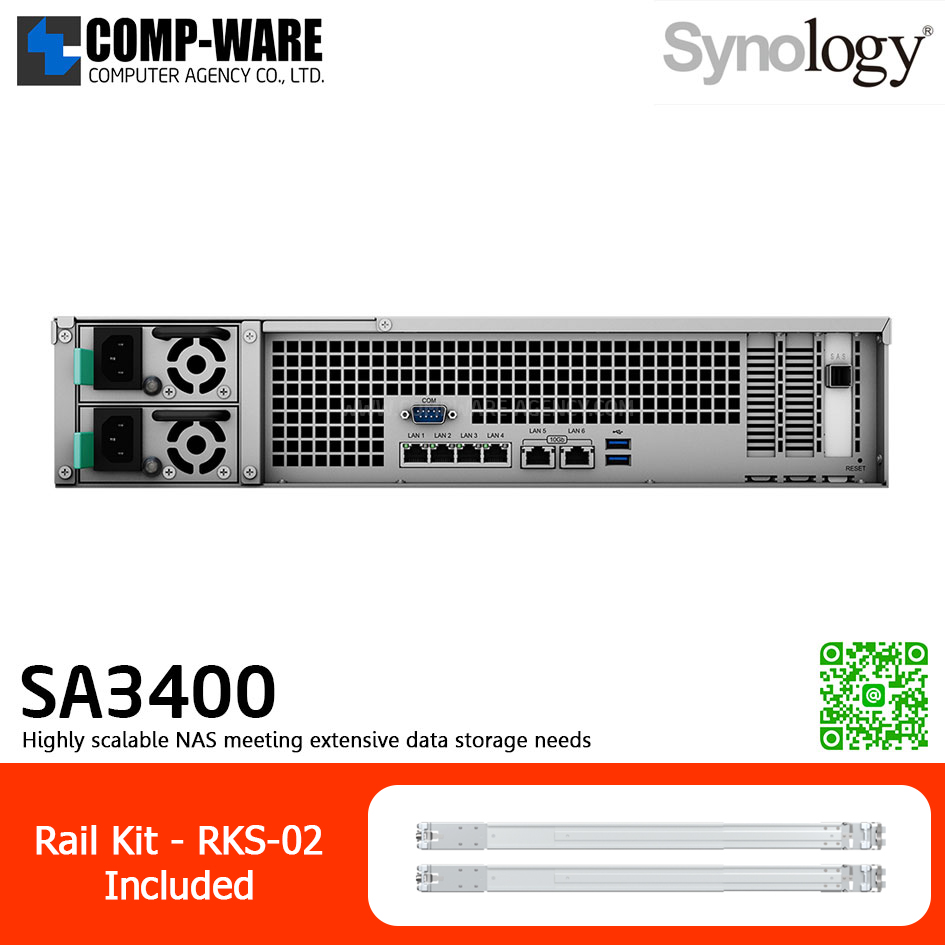 Synology RackStation (2U 12-Bay) SA3400 (16GB ECC RAM up to 128GB) Intel Xeon D-1541 8-Core ,with Rail Kit RKS-02, No HDD