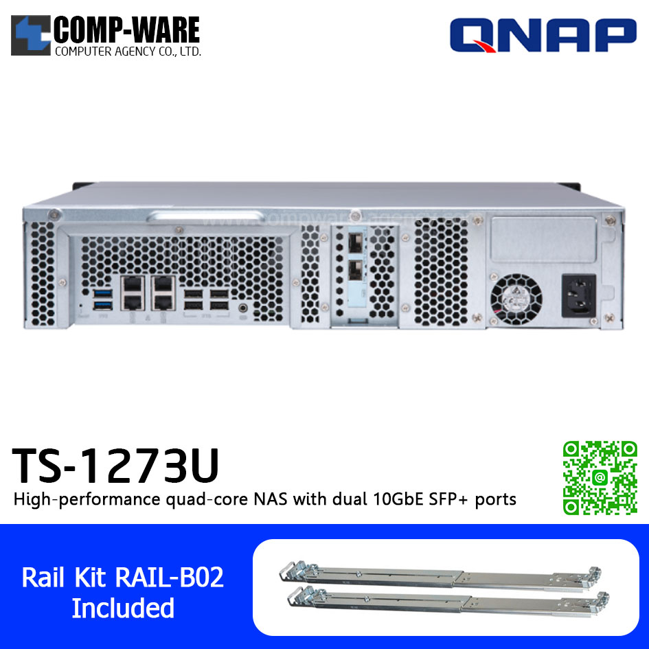 QNAP NAS (2U 12-Bay) TS-1273U-8G (8GB RAM up to 64GB) AMD R-Series RX-421ND , 2 x 10GbE SFP+ ,Single Power Supply w/Rail Kit RAIL-B02, No HDD