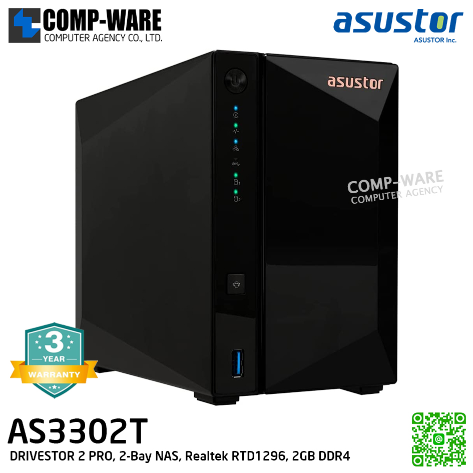 Asustor (2-Bay) AS3302T Realtek RTD1296, Quad-Core 1.4GHz, RAM 2GB, 2.5GbE x1, USB3.2 Gen1 x3, 3Years Warranty , No HDD