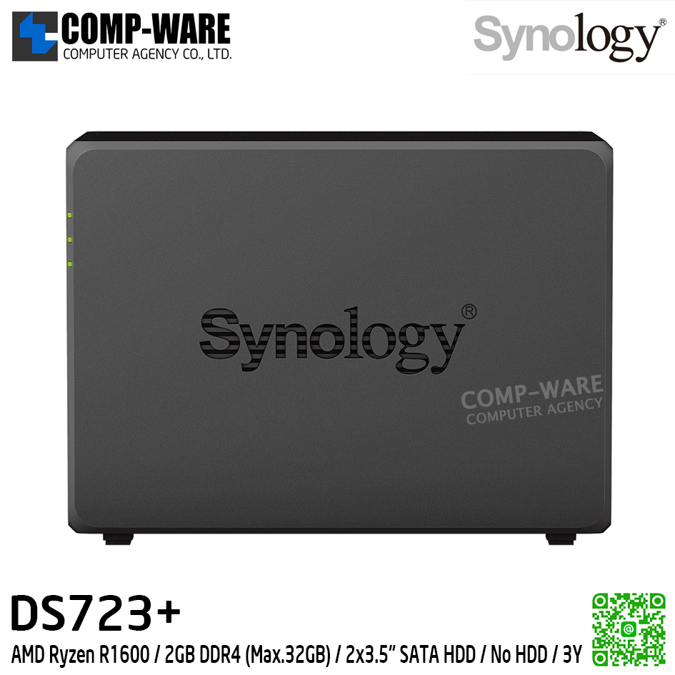 Synology DiskStation (Tower 2-Bay) DS723+ / AMD Ryzen R1600 / 2GB DDR4 (Max.32GB) / 2x3.5" SATA HDD / No HDD / 3Y Warranty