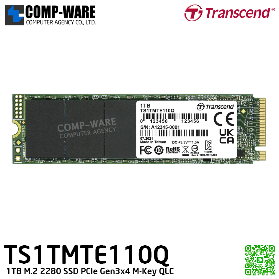 Transcend MTE110Q 1TB M.2 2280 SSD PCIe Gen3x4 M-Key QLC - TS1TMTE110Q - 3Y Warranty