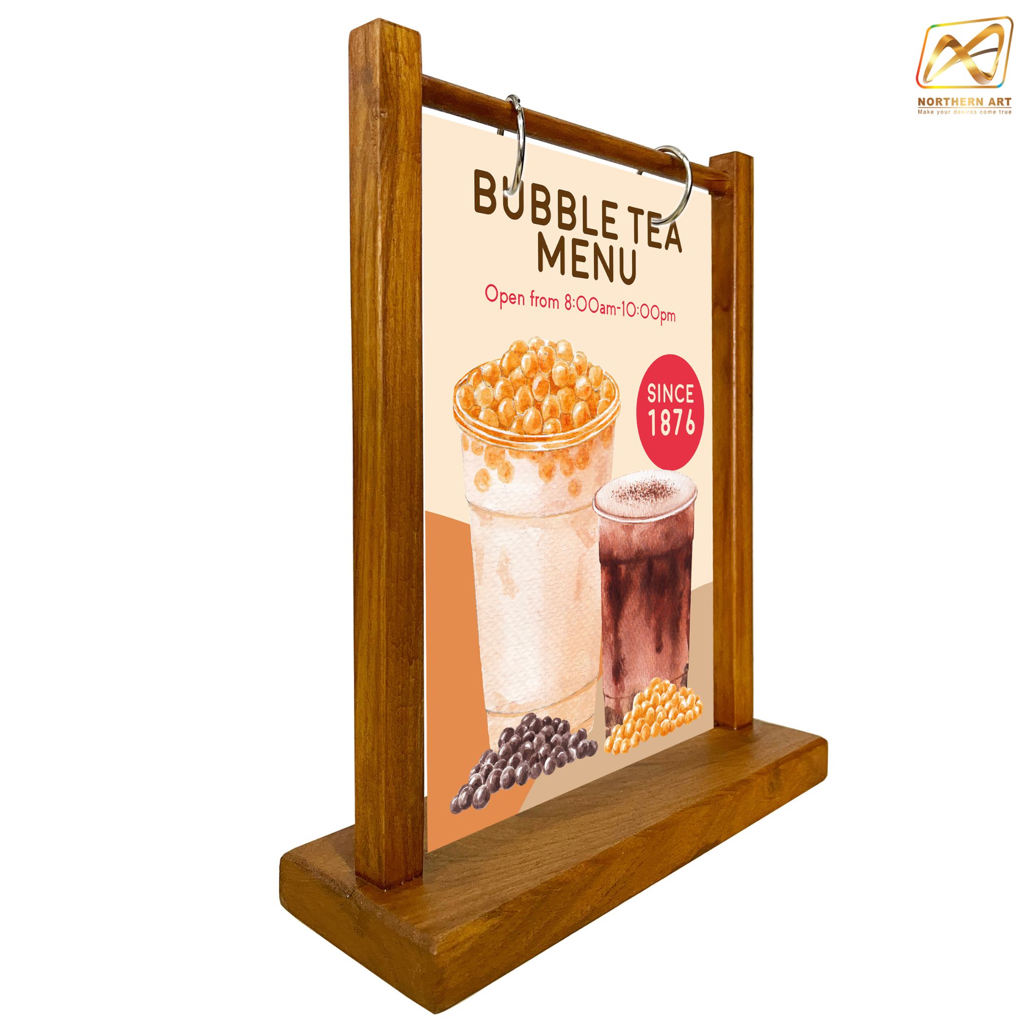 เมนูสแตนไม้ ตั้งโต๊ะ D1 ขนาด A5 ไม้จริงสีสักพร้อมห่วง2อัน (ไม่มีซอง)