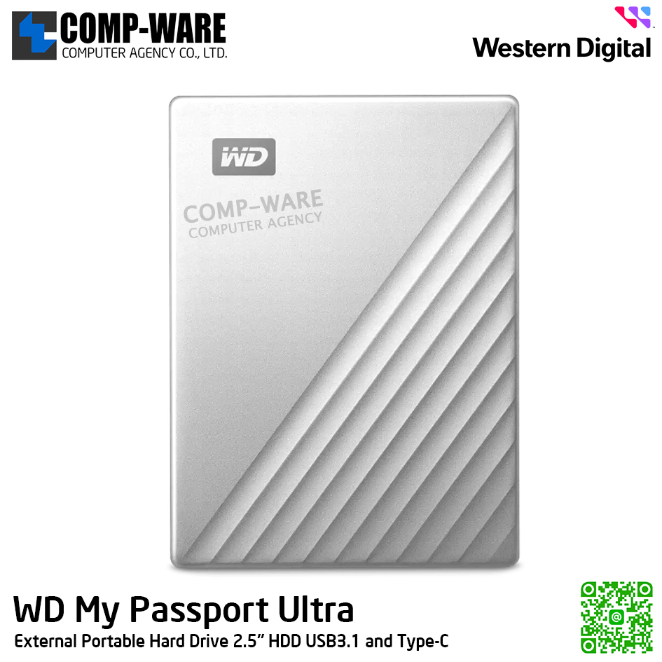 WD 1TB My Passport Ultra External Portable Hard Drive 2.5" HDD USB3.1 and Type-C (Silver) WDBC3C0010BSL-WESN รับประกัน 3 ปี