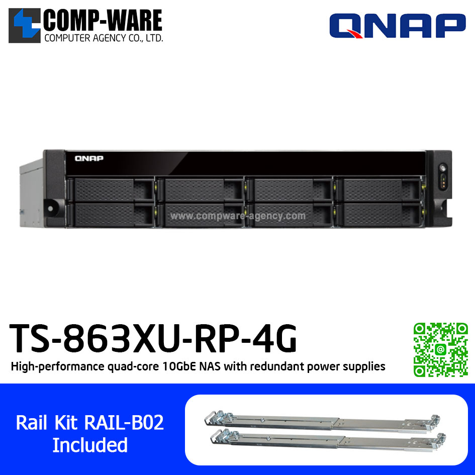 QNAP NAS (2U 8-Bay) TS-863XU (4GB RAM) Single Power Supply , Redundant Power Supply , with Rail kit (RAIL-B02), No HDD