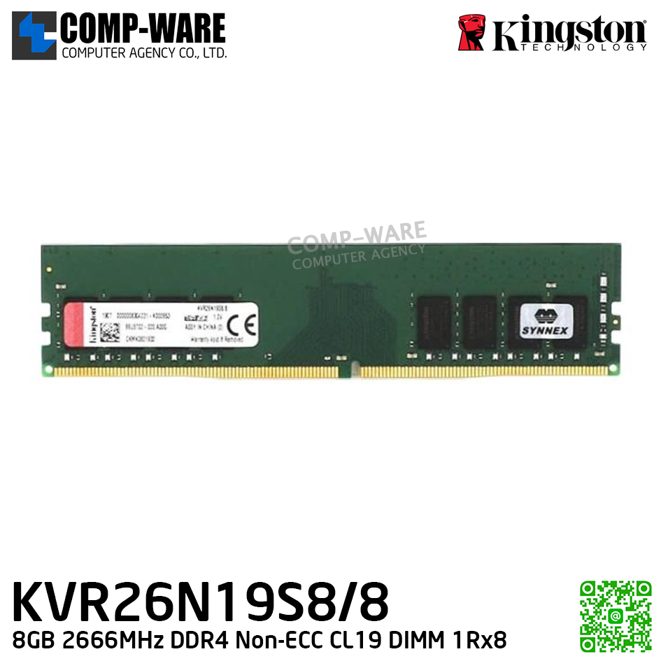 Kingston KVR26N19S8/8 8GB 2666MHz DDR4 Non-ECC CL19 DIMM 1Rx8 - Lifetime Warranty - Memory Module - RAM