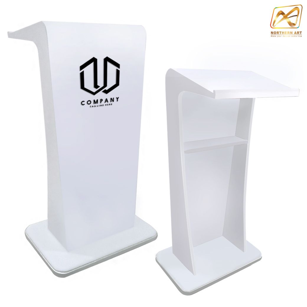 โพเดียมไม้ สีขาว รุ่น PD-11 ทรงโมเดิร์น ขนาด (W)55 x (L)40 x (H)115 cm. TOP เอียง พร้อมชั้นวางของ