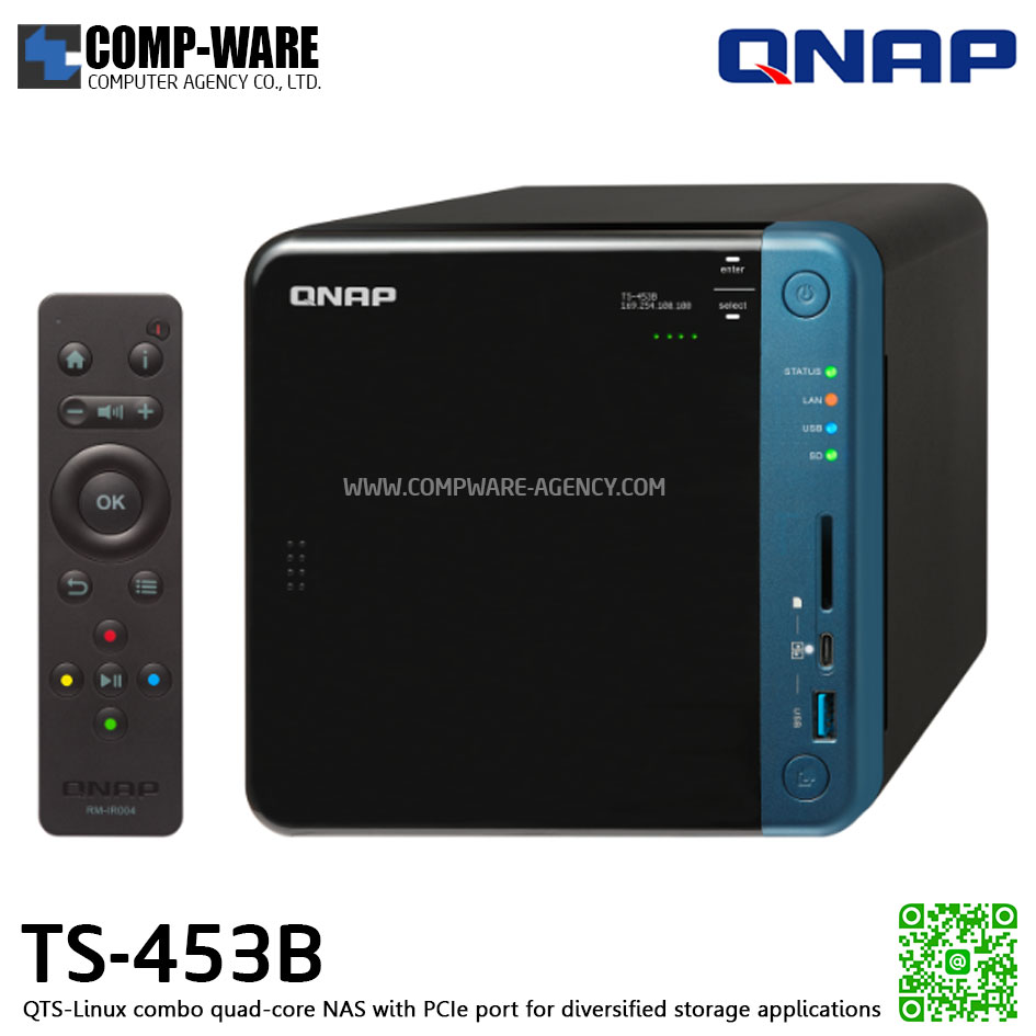 QNAP NAS (4-Bay) TS-453B (4GB RAM up to 8GB) Quad-Core Intel Celeron J3455, No HDD // สินค้า EOL หมดแล้วหมดเลย กรุณาสอบถามสถานะสินค้าล่าสุดก่อนสั่งซื้อค่ะ