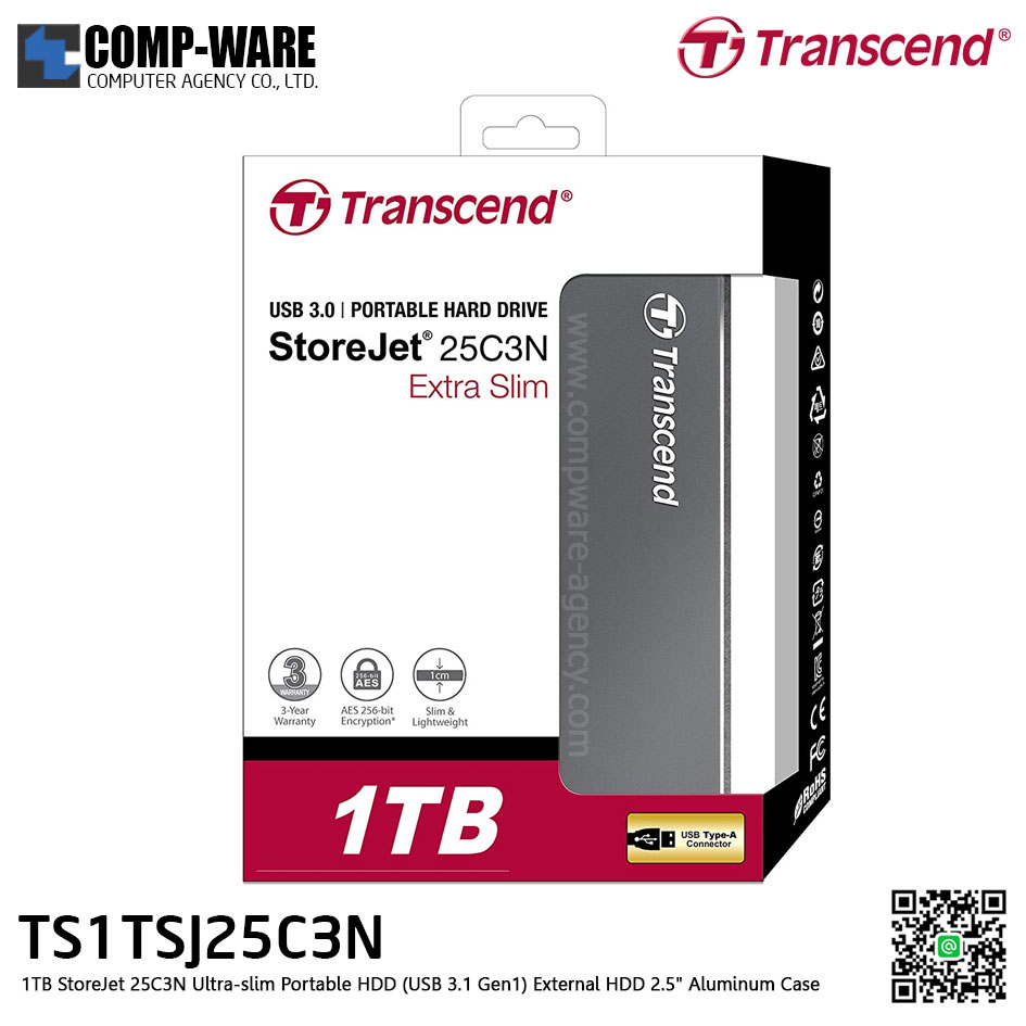 Transcend 1TB StoreJet 25C3N Ultra-slim Portable HDD (USB 3.1 Gen1) External HDD 2.5" Aluminum Case - TS1TSJ25C3N