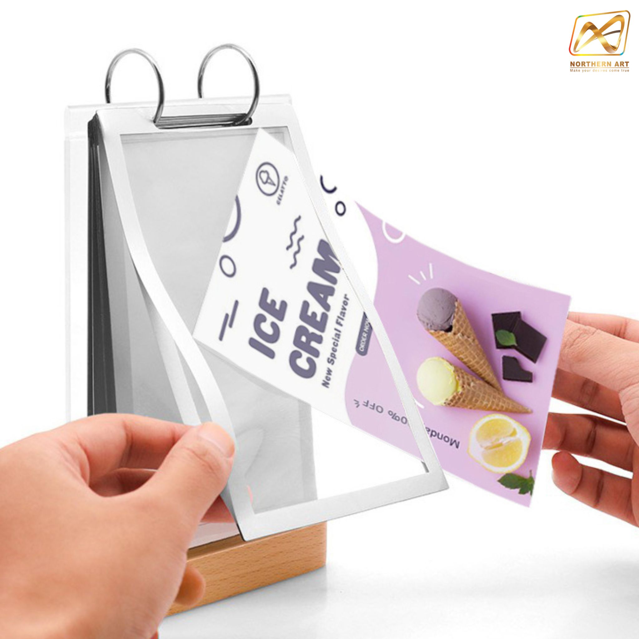 เมนูสแตนไม้ ตั้งโต๊ะ D3 ฐานไม้จริง สีบีช พร้อมซอง 6 ซอง โชว์งานพิมพ์ 2 ด้าน