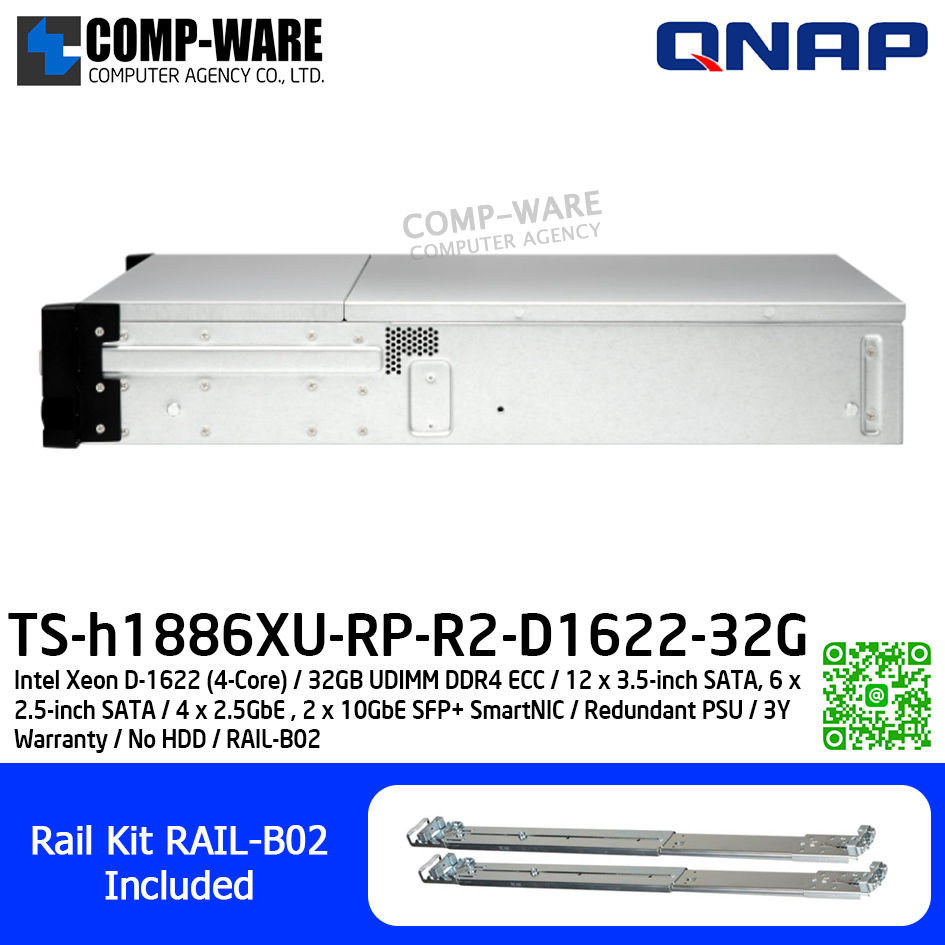 QNAP (2U 18-Bay) TS-h1886XU-RP-R2-D1622-32G / Intel Xeon D-1622 (4-Core) / 32GB UDIMM DDR4 ECC / 12 x 3.5-inch SATA, 6 x 2.5-inch SATA / 4 x 2.5GbE , 2 x 10GbE SFP+ SmartNIC / Redundant PSU / 3Y Warranty / No HDD / RAIL-B02