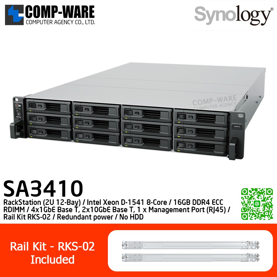 Synology RackStation (2U 12-Bay) SA3410 / Intel Xeon D-1541 8-Core / 16GB DDR4 ECC RDIMM / 4x1GbE Base T, 2x10GbE Base T, 1 x Management Port (RJ45) / Rail Kit RKS-02 / Redundant power / No HDD / 5Y Warranty