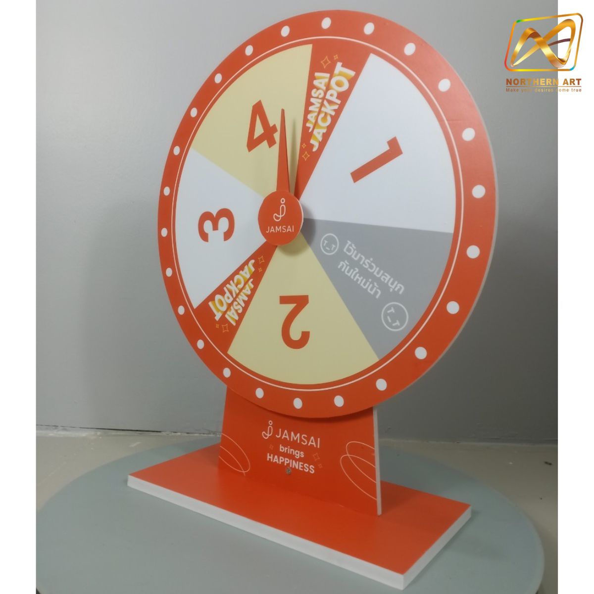 เช่าเกมส์วงล้อตั้งโต๊ะ ขนาดวงล้อ 50 ซม. สูง 61.5 ซม. วัสดุพลาสวูดสีขาว หนา 10-15 มม.