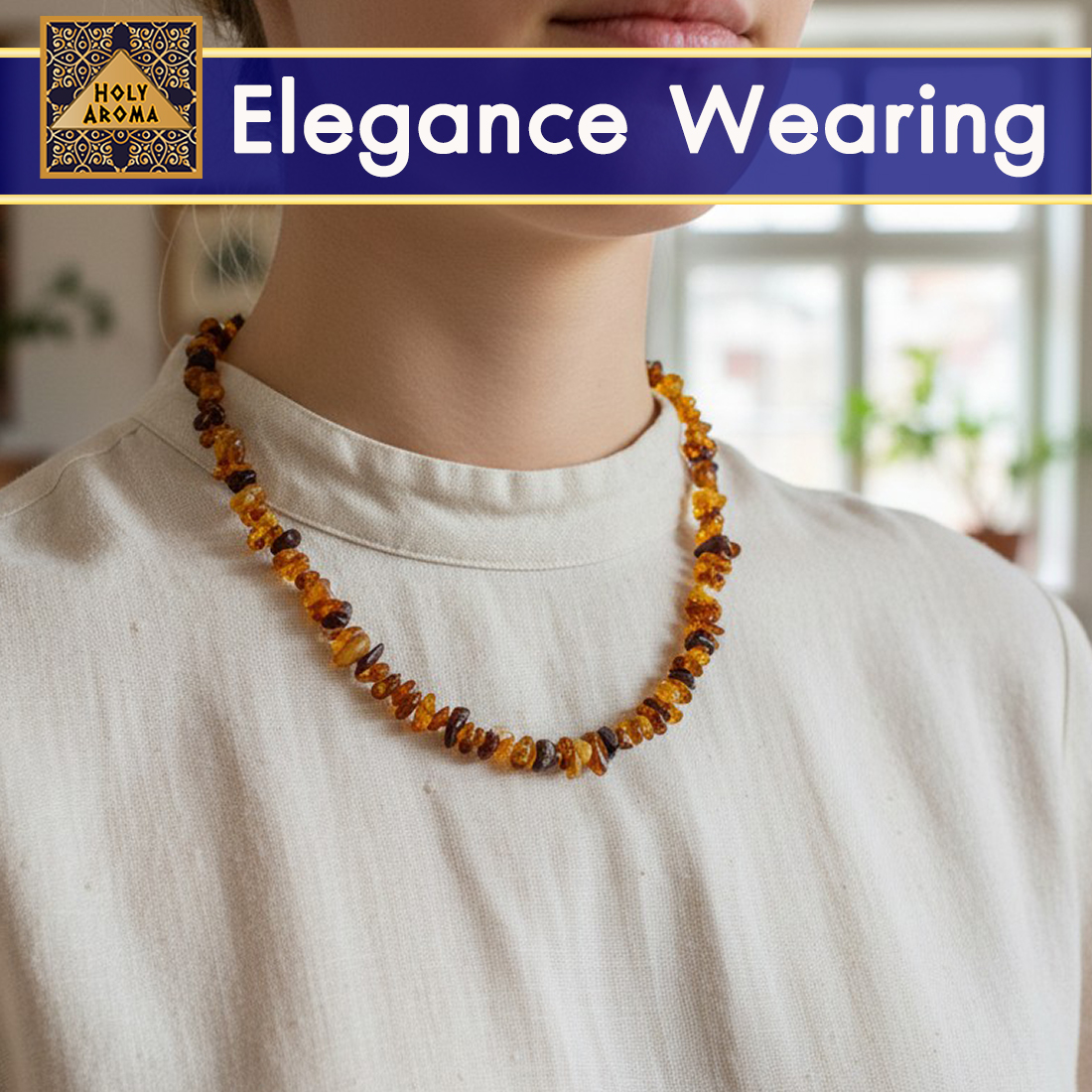 สร้อยคอ อำพันบอลติก ธรรมชาติแท้ (Natural Baltic Amber Necklace) ดีไซน์หรูหรา ลูกปัดอำพันสีคอนยัค น้ำตาล ส้ม อมเหลือง เรืองแสง พร้อมกล่องกำมะหยี่สุดหรู
