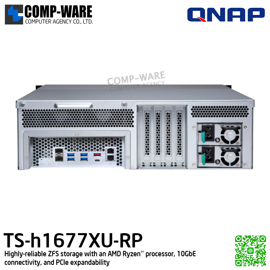 QNAP (3U 16-Bay) TS-h1677XU-RP-3700X-32G / AMD Ryzen 7 3700X (8C/16T) / 32GB (2 x 16 GB) DDR4 UDIMM / 16 x 2.5"/3.5" SATA 6Gbps / 2 x GigaLan, 2 x 10GbE SFP+ / 500W Redundant PSU / 3Y Warranty / No HDD / Rail kit RAIL-A03-57
