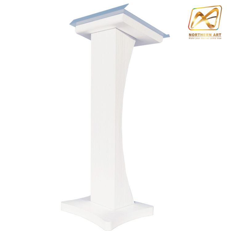 โพเดียมไม้ สีขาว ขนาด (W) 48 x (L) 40 x (H) 120 cm. Top เอียง ปิดทับอะคริลิคใสพร้อมหมุด