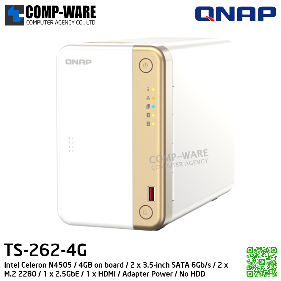 QNAP (Tower 2-Bay) TS-262-4G / Intel Celeron N4505 / 4GB on board / 2 x 3.5-inch SATA 6Gb/s / 2 x M.2 2280 / 1 x 2.5GbE / 1 x HDMI / Adapter Power / 2Y Warranty / No HDD