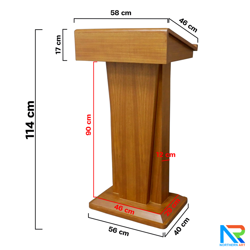 โพเดียมไม้ สีโอ๊ค ทรงโมเดิร์น TOP เอียง ขนาด (W)58 x (L)46 cm. สูง 114 cm. พร้อมตู้ใส่ของ มีกุญแจล็อค