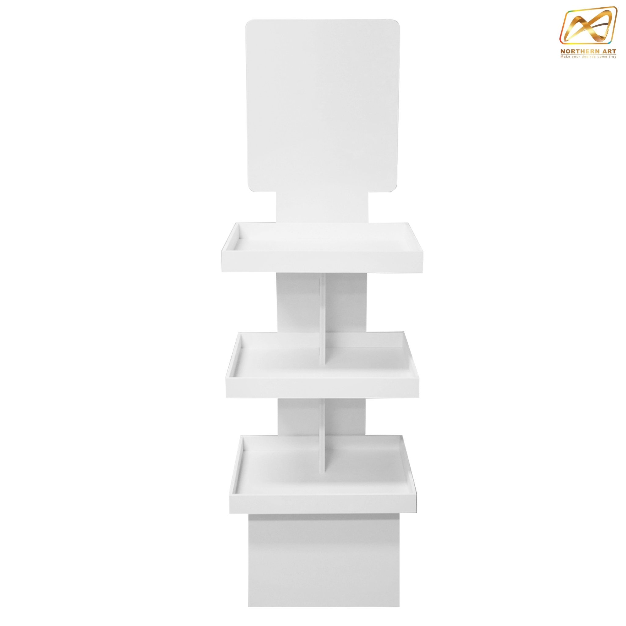 ชั้นวางสินค้าพลาสวูด 3 ชั้น ขนาด (W)40 x (D)31.6 x (H)150 ซม. พลาสวูดหนา 8 มม.พร้อมงานพิมพ์สติ๊กเกอร์