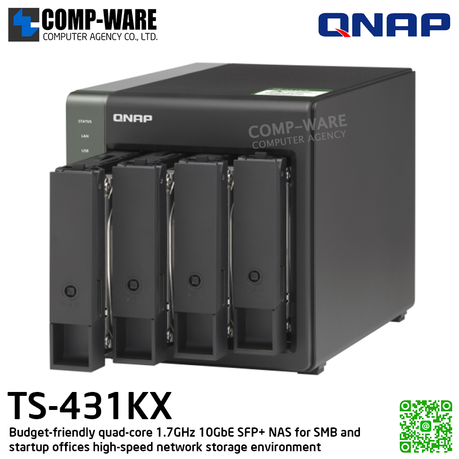 QNAP (Tower 4-Bay) TS-431KX-2G / Annapurna Labs Alpine AL-214 (4Core) / 2GB DDR3L SODIMM / 4 x 2.5"/3.5" SATA 6Gbps / 1 x 10GbE SFP+ & 2 x GbE / Adapter Power / 2Y Warranty / No HDD