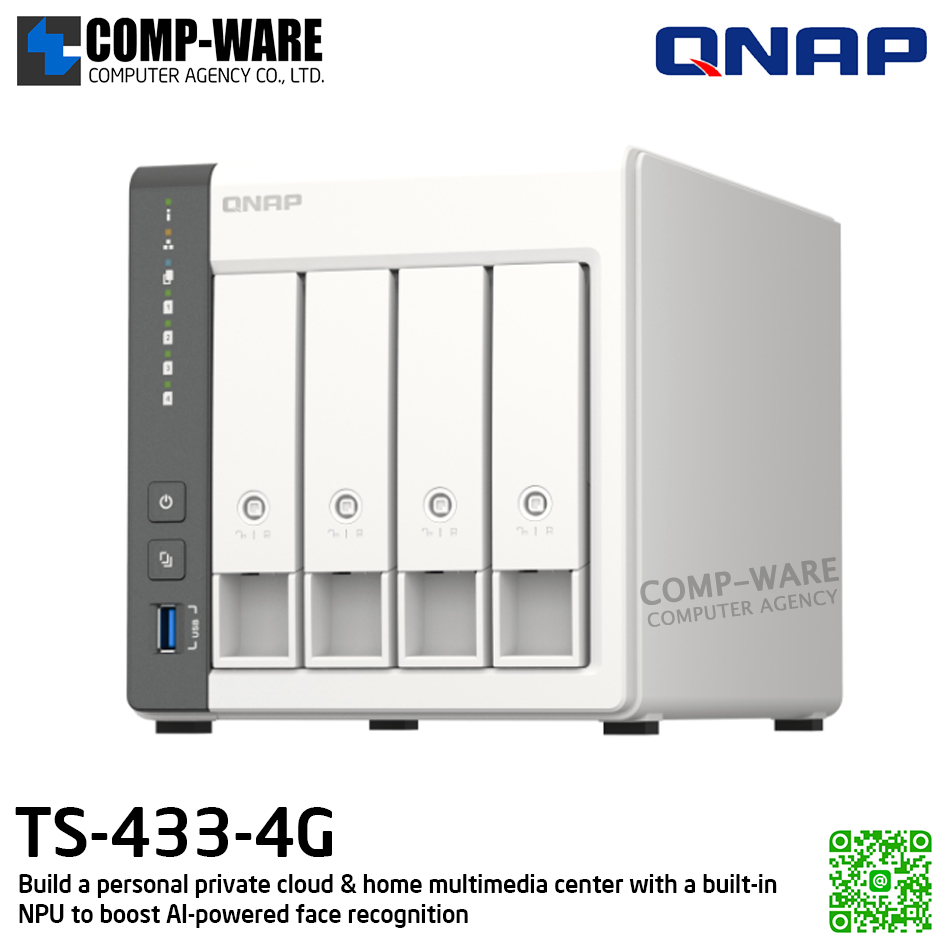 QNAP (Tower 4-Bay) TS-433-4G / ARM 4-core Cortex-A55 / 4GB on board / 4 x 3.5-inch SATA 6Gb/s / 1 x RJ45 ,1 x 2.5GbE / Adapter Power / 2Y Warranty / No HDD