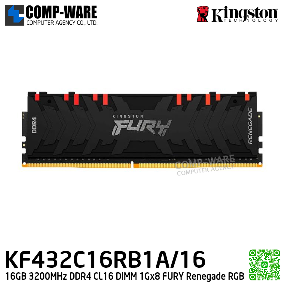 Kingston KF432C16RB1A/16 16GB 3200MHz DDR4 CL16 DIMM 1Gx8 FURY Renegade RGB - Lifetime Warranty - Memory Module - RAM
