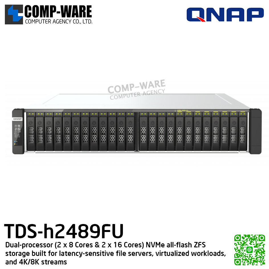 QNAP (2U 24-Bay) TDS-h2489FU-4314-1TB / 2 x Intel Xeon Silver 4314 (16C/32T) / 1TB RDIMM DDR4 ECC (32 x 32GB) / 24 x 2.5" NVMe Gen4 x4 U.2 / 4 x 2.5GbE + 2 x 25GbE SFP28 (PCIe card) / 1200W Redundant PSU / 5Y Warranty / No HDD / Rail Kit RAIL-E03