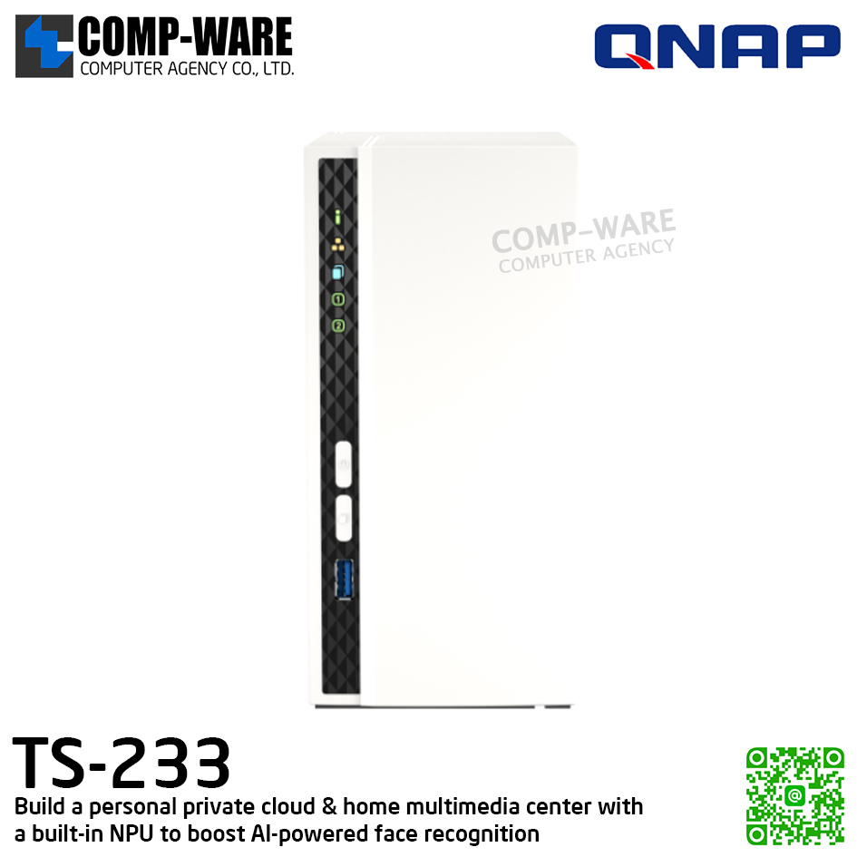 QNAP (Tower 2-Bay) TS-233 / ARM 2.0GHz (4Core) / 2GB DDR4 / 2 x 2.5" & 3.5" SATA 6Gb/s / 1 x GbE / Adapter Power / 2Y Warranty / No HDD / 2Y Warranty