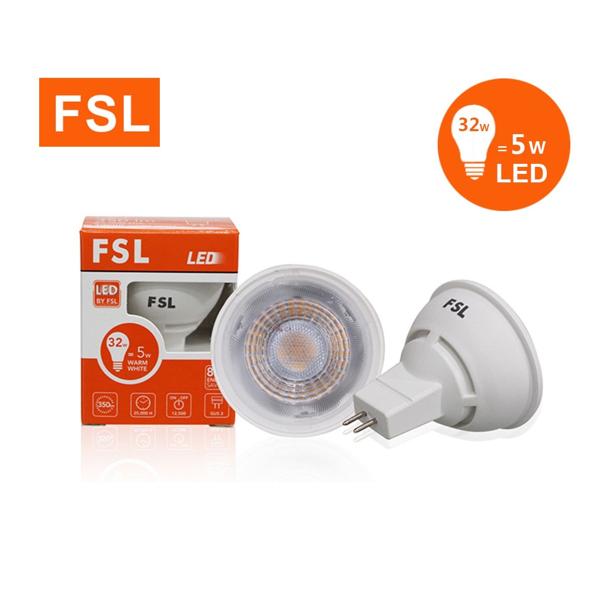 ไฮพาวเวอร์ FSL-MR16-5W-AC90-265V แสงขาวและแสงวอร์มไวท์