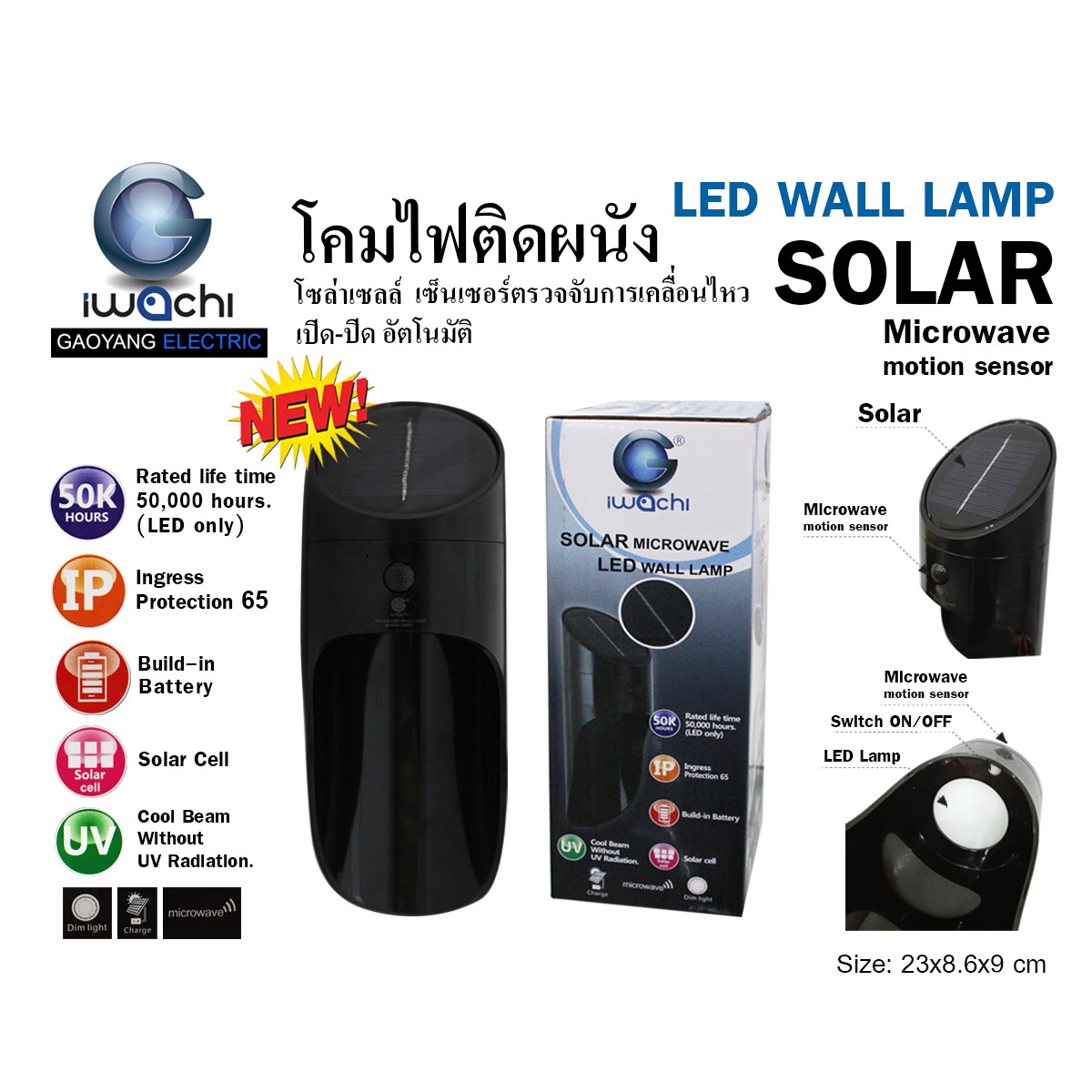 โคมไฟติดผนังโซล่าเซลล์ เซ็นเซอร์ตรวจจับความเคลื่อนไหว เปิด-ปิดอัตโนมัติ IWC-SOLAR-WALL-LAMP