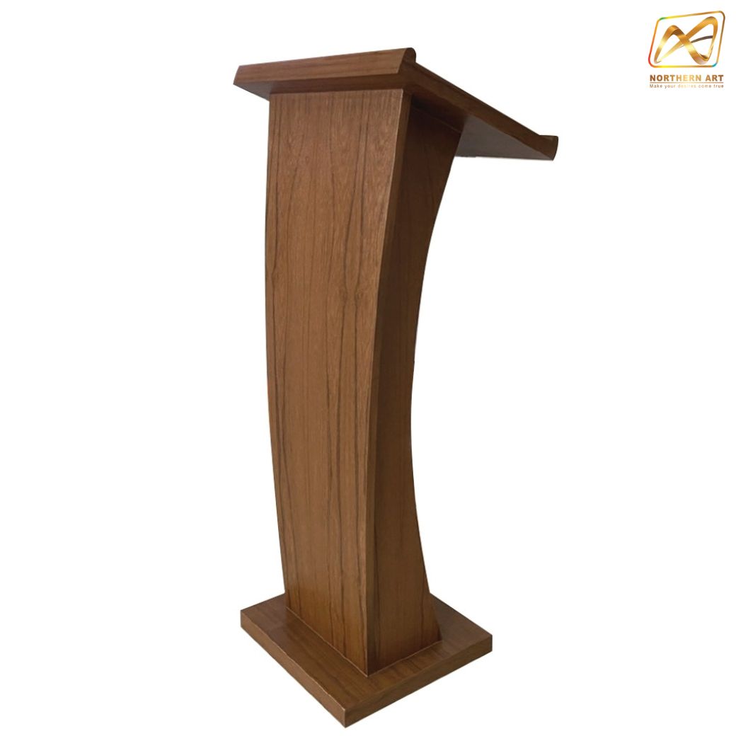 โพเดียมไม้ ปิดผิวลายไม้ สีสัก ขนาด (W) 50 x (L) 40 x (H) 120 cm. พร้อมชั้นวางของ