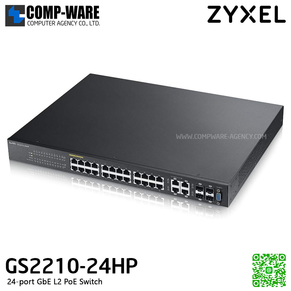 ZYXEL GS2210-24HP 24-port GbE L2 Managed PoE Switch w/ 4 x Gigabit Combo (SFP/ RJ-45) ports (Power budget 375 watts)